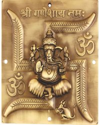 Swastik Ganesh Ji decor, Ganesh Ji with Swastik symbol, Swastik Ganesh Ji wall art, Hindu deity decor with Swastik, Ganesh Ji sculpture with Swastik, Swastik Ganesh Ji idol, Ganesh Ji Swastik painting, Swastik Ganesh Ji metal wall hanging, Hindu home decor featuring Swastik Ganesh, Swastik Ganesh Ji figurine,