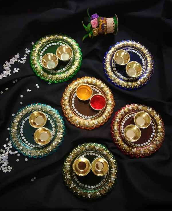 Arshina Kum Kum plates, Fiber puja plates, Round shape puja thali, Hindu ritual plates, Arshina Kum Kum tray, Puja accessories, Religious offering plates, Sacred offering trays, Festive puja plates, Hindu ceremony essentials,