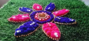 Artificial Flower Rangoli, Flower Mat Decoration, House Warming Decor, Artificial Flower Decor, Floral Rangoli Design, Home Decoration Ideas, Indian Rangoli Patterns, Artificial Flower Arrangements, Festive Home Decor, Vibrant Flower Mat,