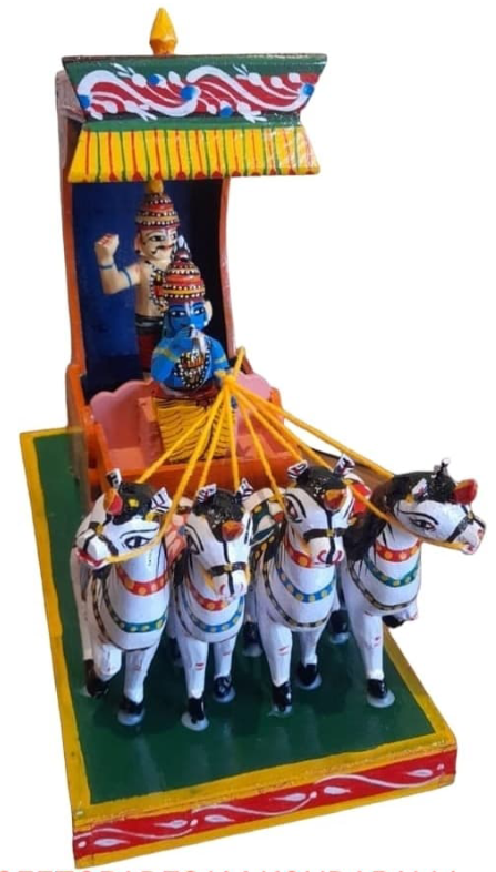 Geethopadesam wooden toy, Kondapally handicrafts, Bhagavad Gita wooden figurine, Lord Krishna wooden sculpture, Handcrafted Indian wooden toys, Traditional Kondapally toys, Spiritual wooden figurines, Collectible wooden sculptures, Indian home decor accents, Unique wooden collectibles,