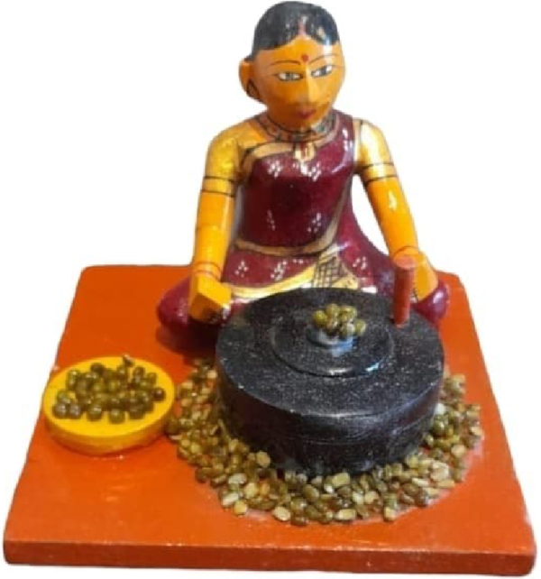 Kondapally wooden toys, Indian wooden toys, Handcrafted wooden toys, Traditional Indian toys, Grinding lady toy, Rural life toys, Sustainable toys, Ethically sourced toys, Indian handicrafts, Wooden toy collectibles,