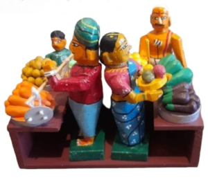 Kondapally wooden figurine, Traditional market scene figurine, Handcrafted wooden toy, Indian village market wooden sculpture, Vibrant market scene decor, Wooden figurine for home decor, Cultural wooden toy, Artisanal Kondapally craft, Hand-painted wooden figurine, Ethnic wooden market scene,