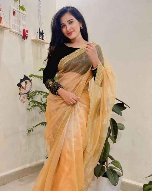 Golden Twill Net Saree, With blouse piece