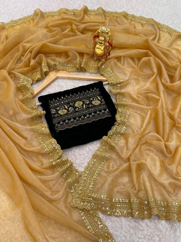 Golden Twill Net Saree, With blouse piece