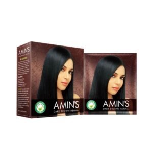 A woman applying Amin's Dark Brown Henna to her hair, showing the smooth, rich paste and natural brown color.