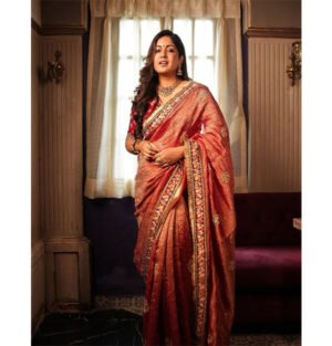 Elegant Red Banarasi Silk Saree with Golden Zari Work