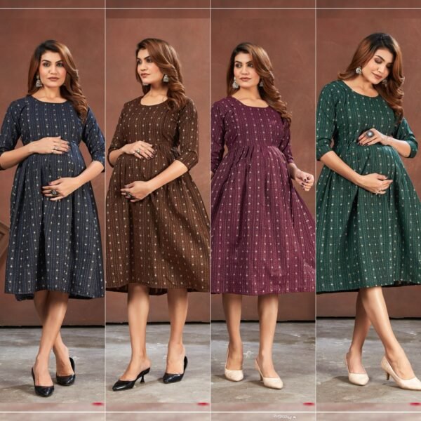 A mother wearing the Good NewwZ Full Flair Gown, showcasing its stylish design, adjustable back belt, and convenient side zips for breastfeeding.