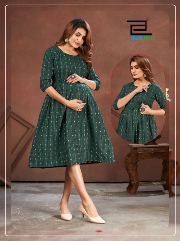 A mother wearing the Good NewwZ Full Flair Gown, showcasing its stylish design, adjustable back belt, and convenient side zips for breastfeeding.