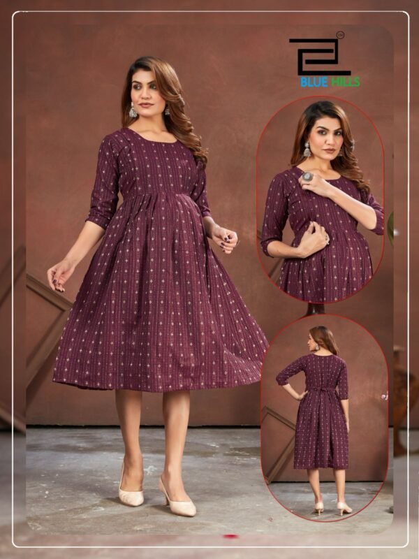 A mother wearing the Good NewwZ Full Flair Gown, showcasing its stylish design, adjustable back belt, and convenient side zips for breastfeeding.