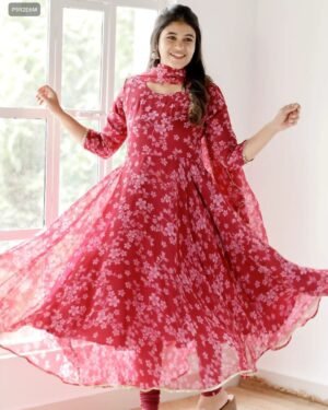 Kasmira New Floral Gown Dupatta Set in Georgette with Lace & Digital Print Elegance