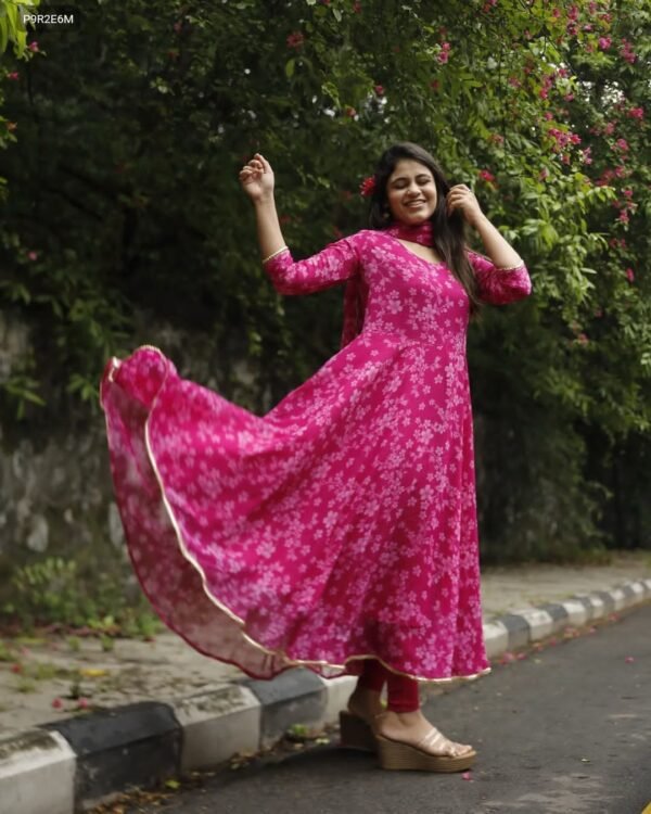 Kasmira New Floral Gown Dupatta Set in Georgette with Lace & Digital Print Elegance