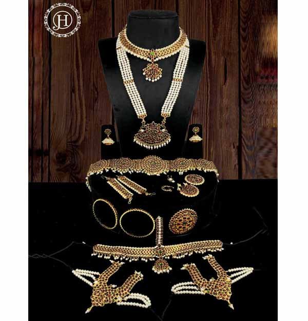 Copper Multicolour Complete Bharatanatyam Set Jewellery with All The 10 Separate Ornaments Made with Green and Red Kemp Stones for Women JH139 1 Copper Multicolour Complete Bharatanatyam Set