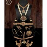 Elegant & Complete Traditional Bharatanatyam Jewelry Set [10 Ornaments] – Supreme Copper Jewelry with Green & Red Kemp Stones  [JH149]