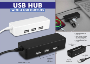 USB Hub with 4 USB Outputs connected to a laptop on a modern desk setup
