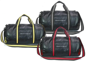 Sports duffel bag with shoe compartment, adjustable strap, and spacious storage