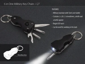 6-in-1 Military Key Chain with Toolkit and Torch on a wood background