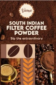 Vama Coffee beans in a scoop and cup with steam rising, symbolizing rich aroma and bold flavor