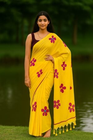 Handloom Khadi Cotton Handprint Saree with hand-block print in soft pastel hues