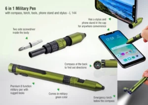 6 in 1 Military Pen with Compass Torch Tools Phone Stand Stylus