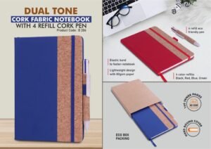 Dual Tone Cork Fabric Notebook with Elastic Fastener & Refill Cork Pen
