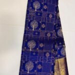 Royal Blue Kanchipuram Saree [Gold Zari Border & Pallu] – 3 Traditional Motifs: Tree, Floral & Checks for Weddings & Festivals